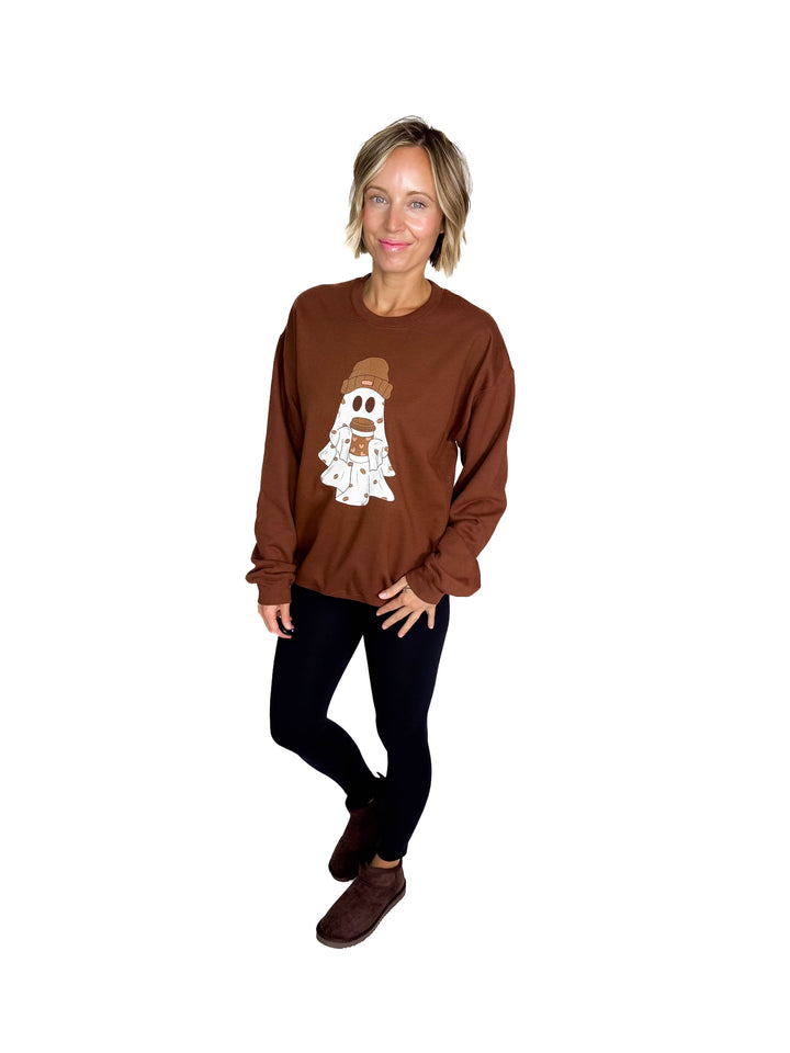 Cute Coffee Ghost Graphic Crew- ESPRESSO