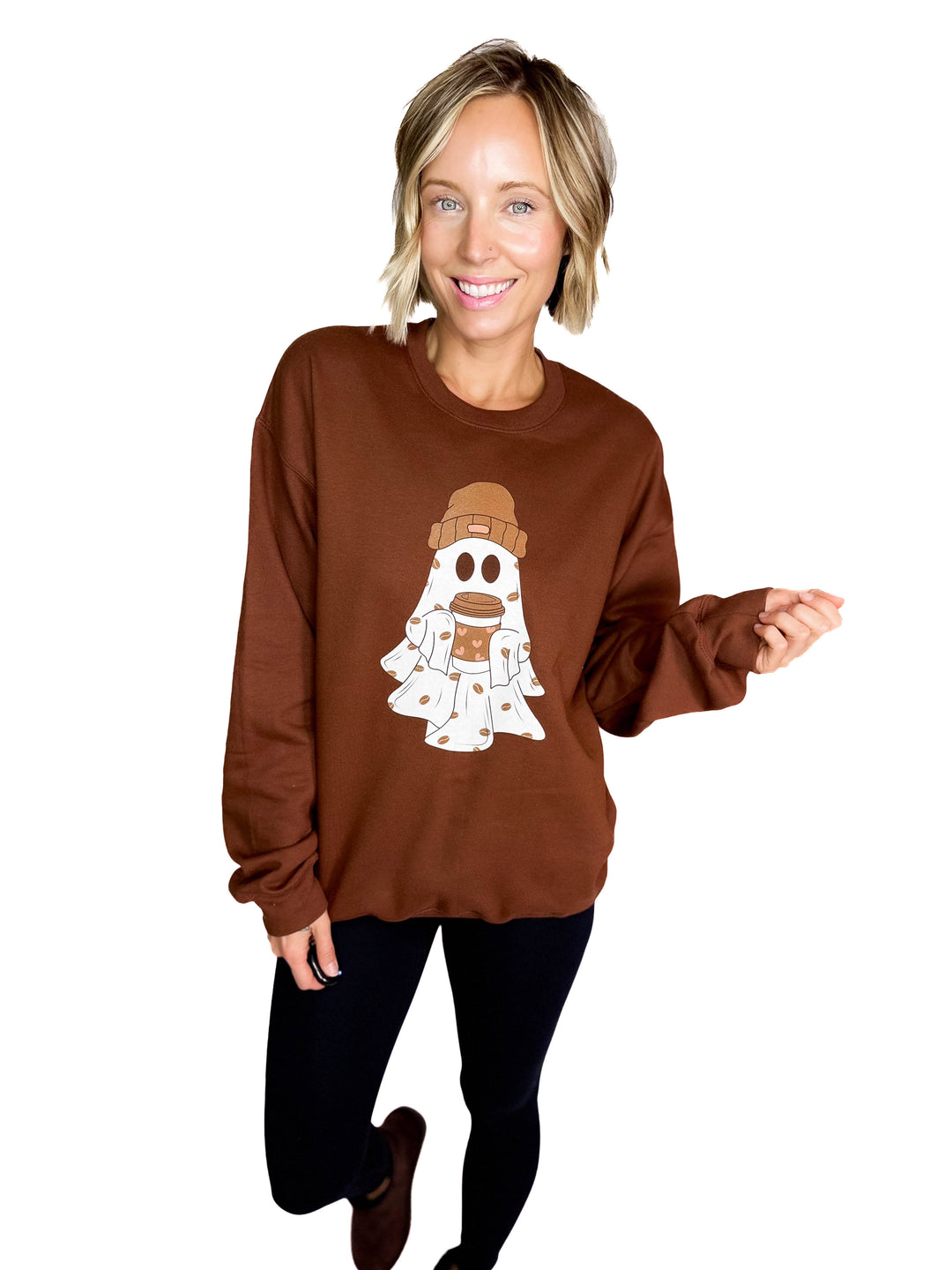 Cute Coffee Ghost Graphic Crew- ESPRESSO
