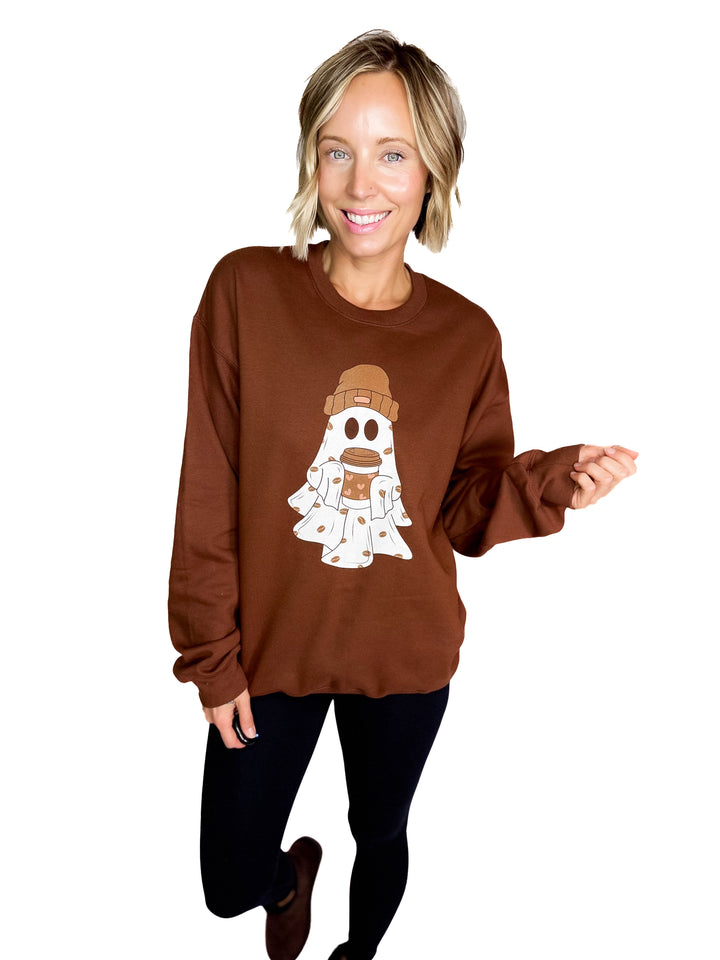 Cute Coffee Ghost Graphic Crew- ESPRESSO