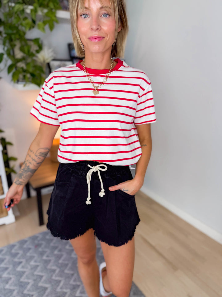 Marlene Striped Cotton T-Shirt- RUBY