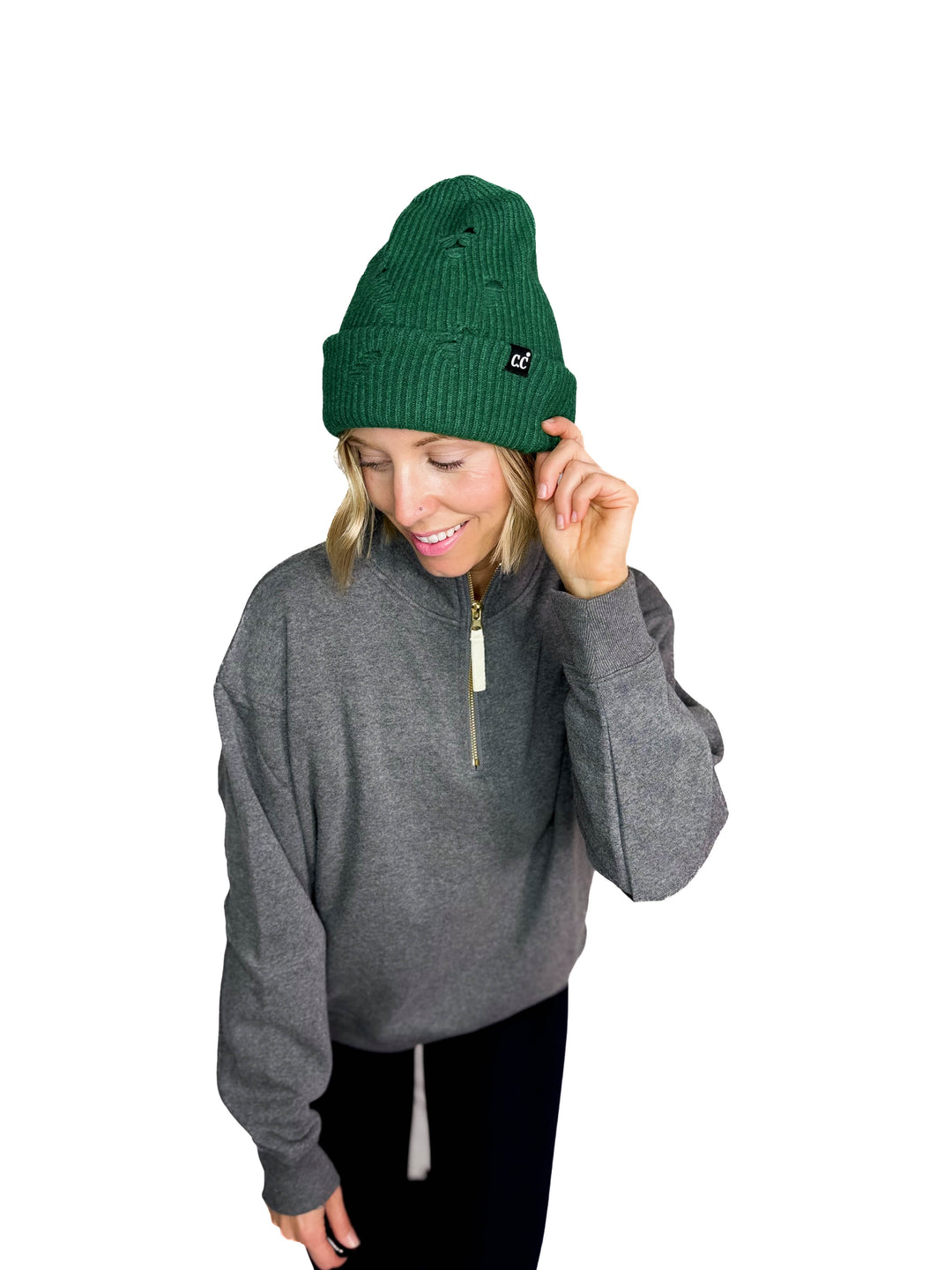 CC Distressed Beanie- DARK GREEN