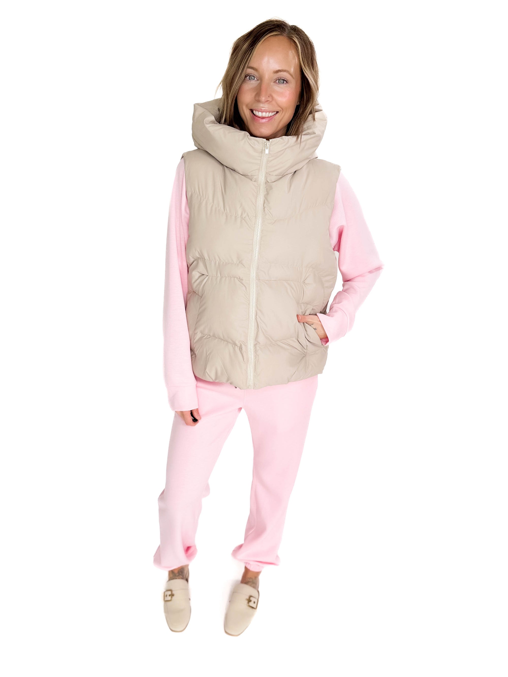 Vivi Hooded Puffer Vest- COOL BEIGE-FINAL SALE