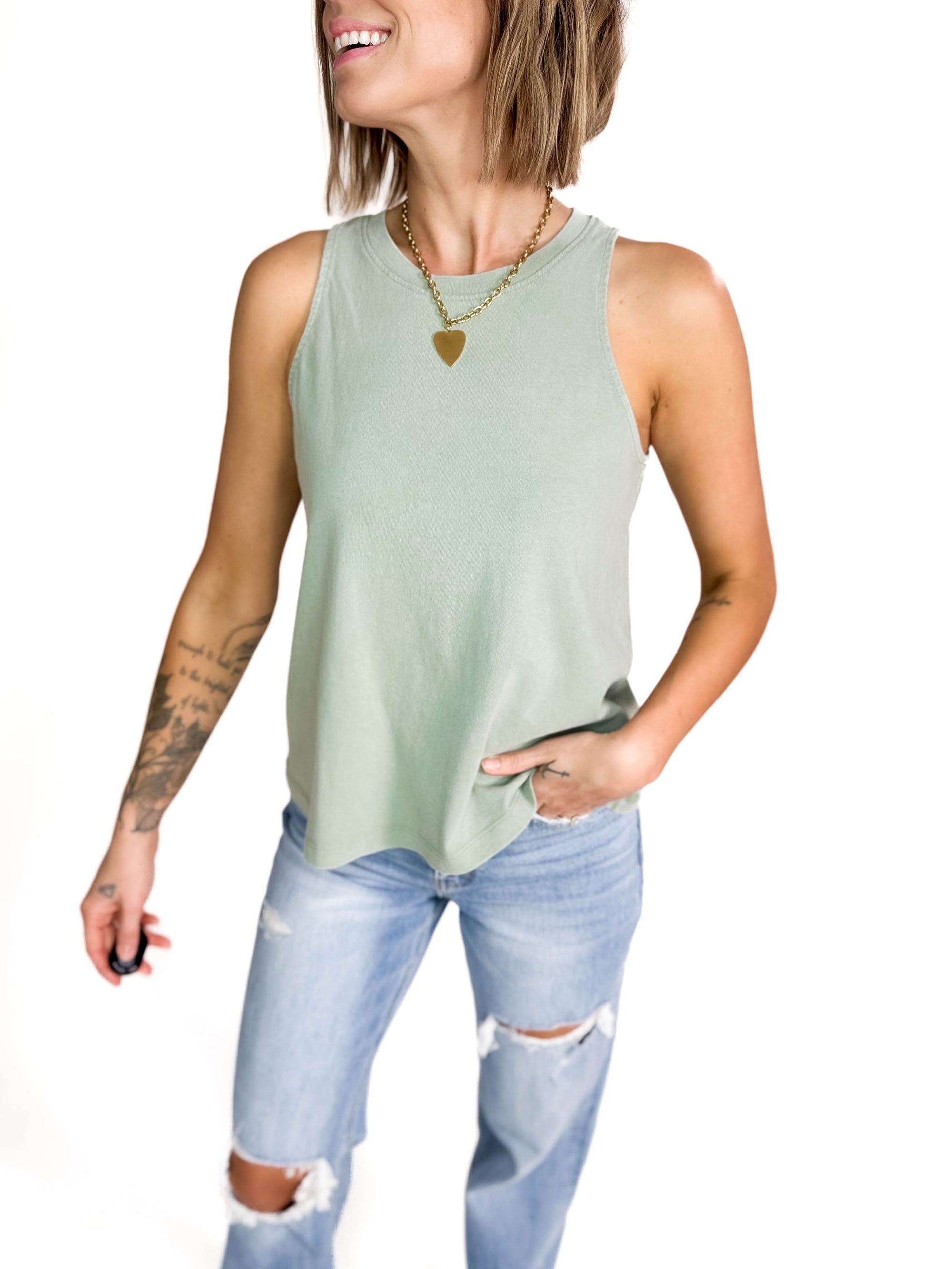 Hendrix Washed Cotton Tank- SAGE GREEN