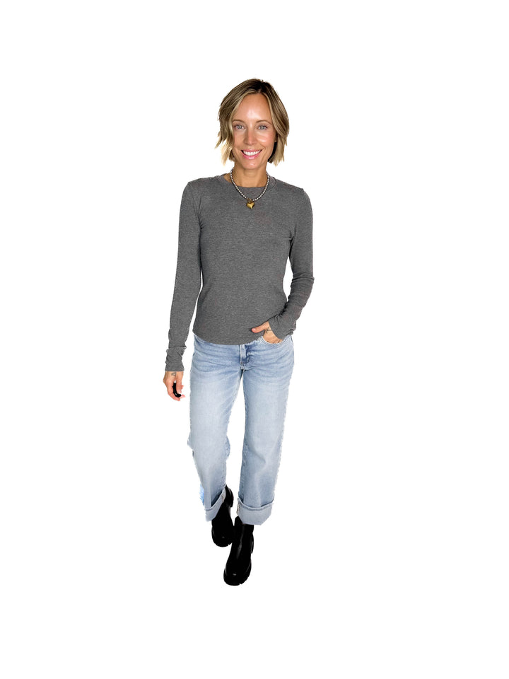 Naomi Ultra Soft Ribbed Crewneck Long Sleeve- HEATHER GREY