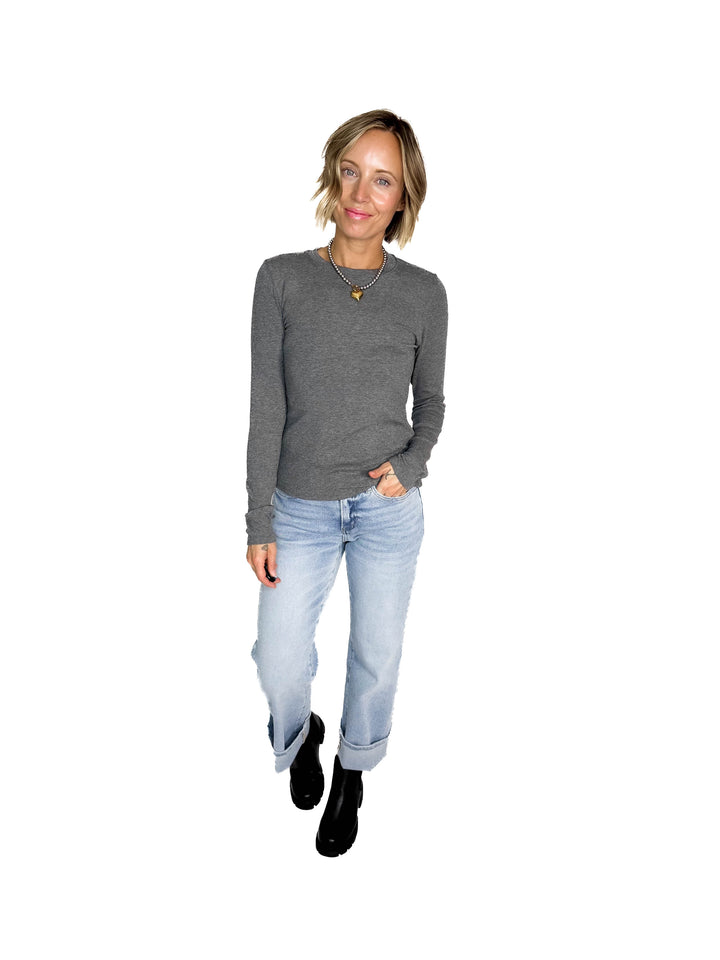 Naomi Ultra Soft Ribbed Crewneck Long Sleeve- HEATHER GREY