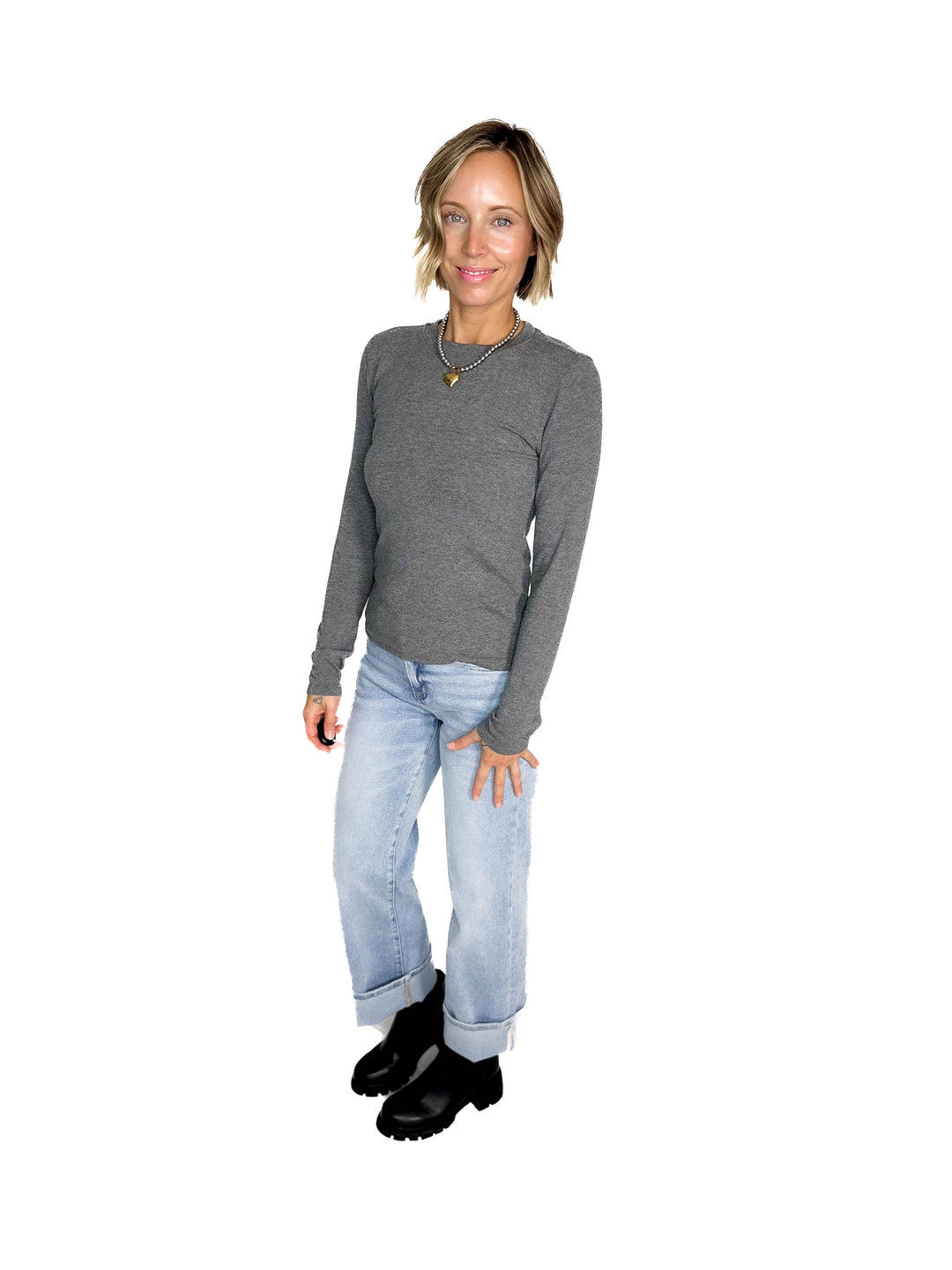 Naomi Ultra Soft Ribbed Crewneck Long Sleeve- HEATHER GREY