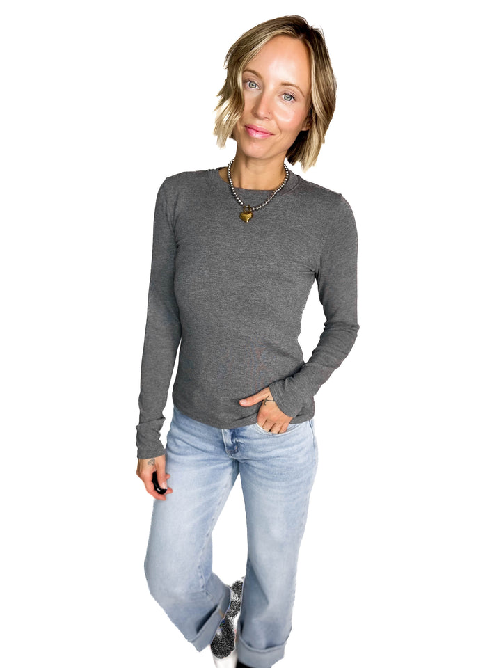 Naomi Ultra Soft Ribbed Crewneck Long Sleeve- HEATHER GREY