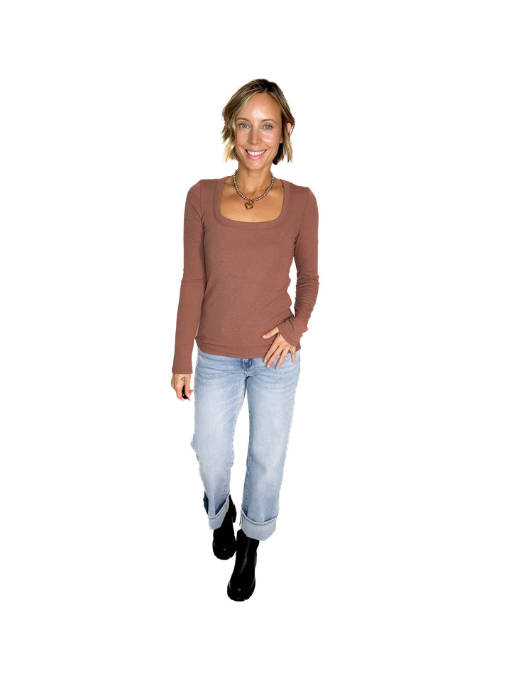 Beth Ribbed Scoop Neck Style- RED BEAN