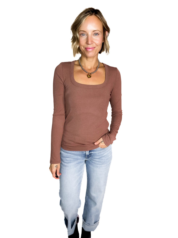 Beth Ribbed Scoop Neck Style- RED BEAN