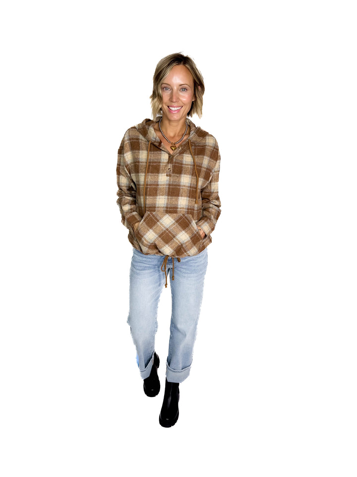 Briar Lightweight Flannel Plaid Pullover Hoodie- MOCHA/COMBO