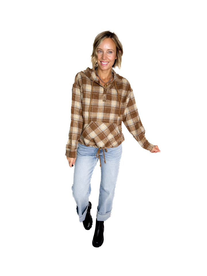 Briar Lightweight Flannel Plaid Pullover Hoodie- MOCHA/COMBO