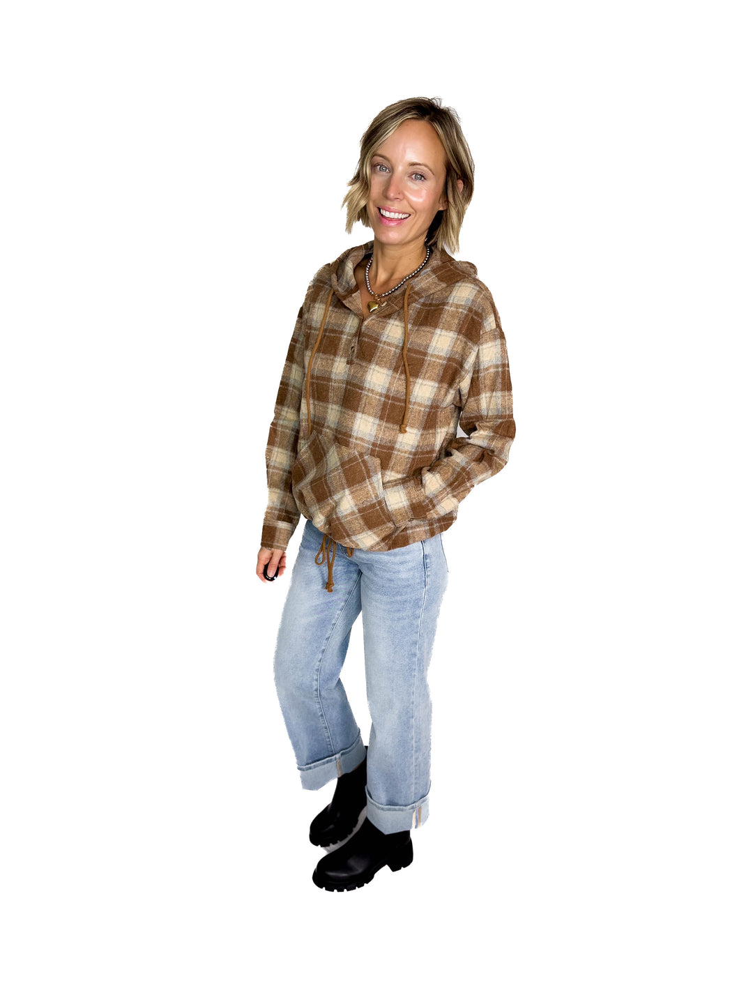 Briar Lightweight Flannel Plaid Pullover Hoodie- MOCHA/COMBO