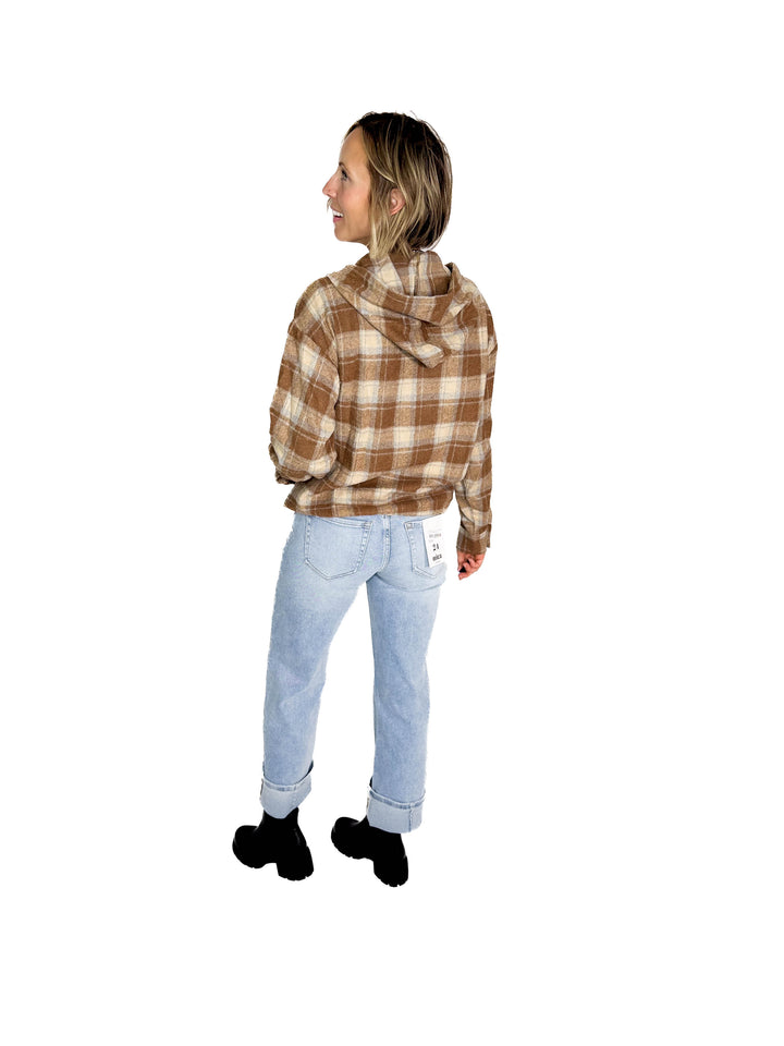 Briar Lightweight Flannel Plaid Pullover Hoodie- MOCHA/COMBO