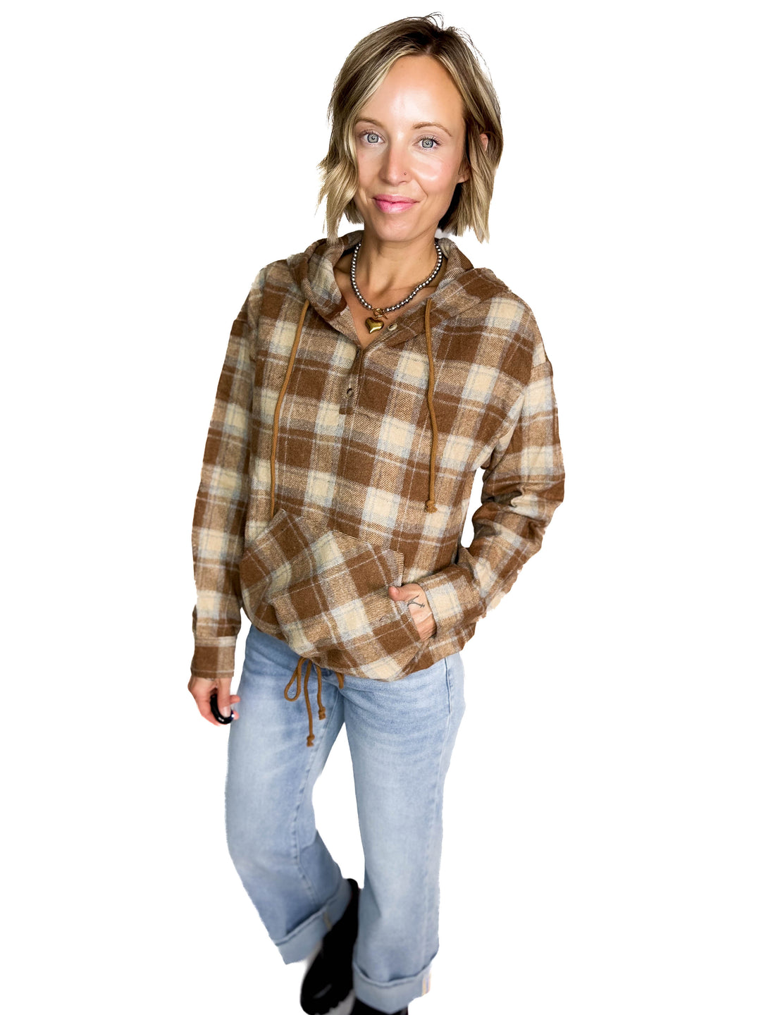 Briar Lightweight Flannel Plaid Pullover Hoodie- MOCHA/COMBO