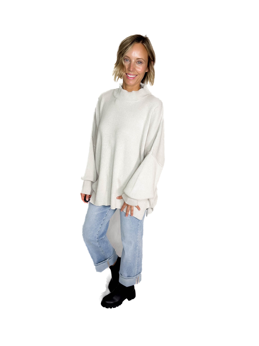 Frosted Pines Oversized Side Slit Sweater- BONE