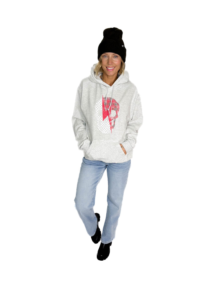 Plaid Skull Graphic Hoodie- ASH GREY