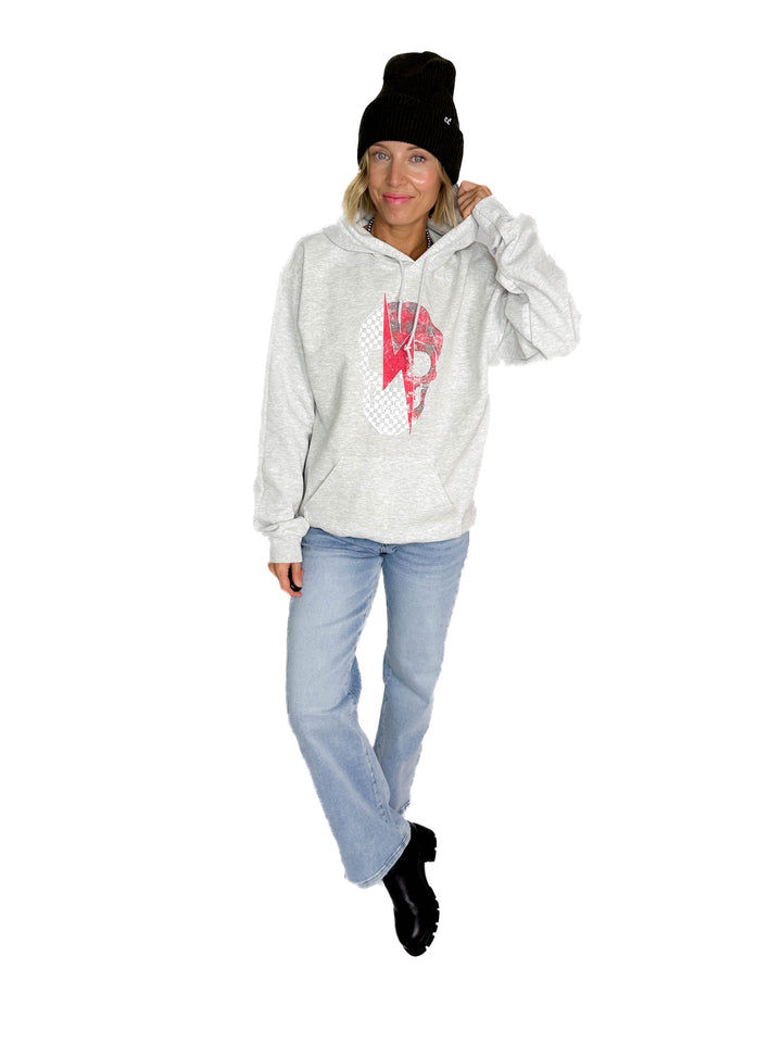 Plaid Skull Graphic Hoodie- ASH GREY