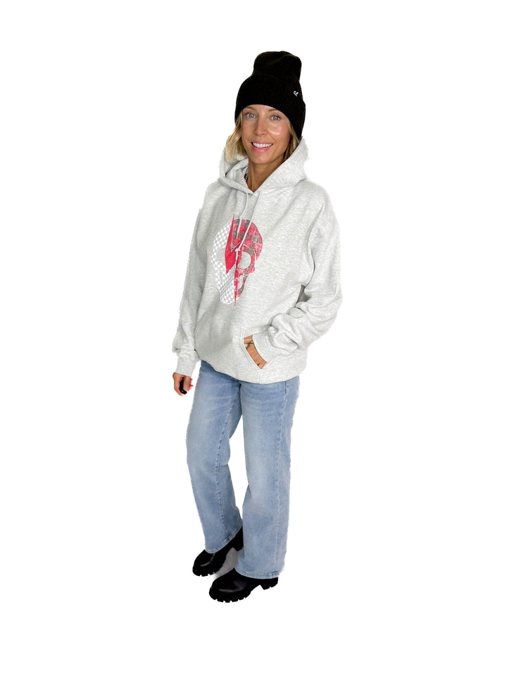 Plaid Skull Graphic Hoodie- ASH GREY