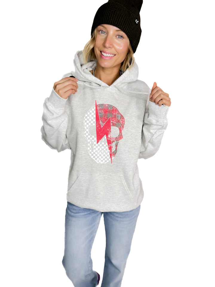 Plaid Skull Graphic Hoodie- ASH GREY