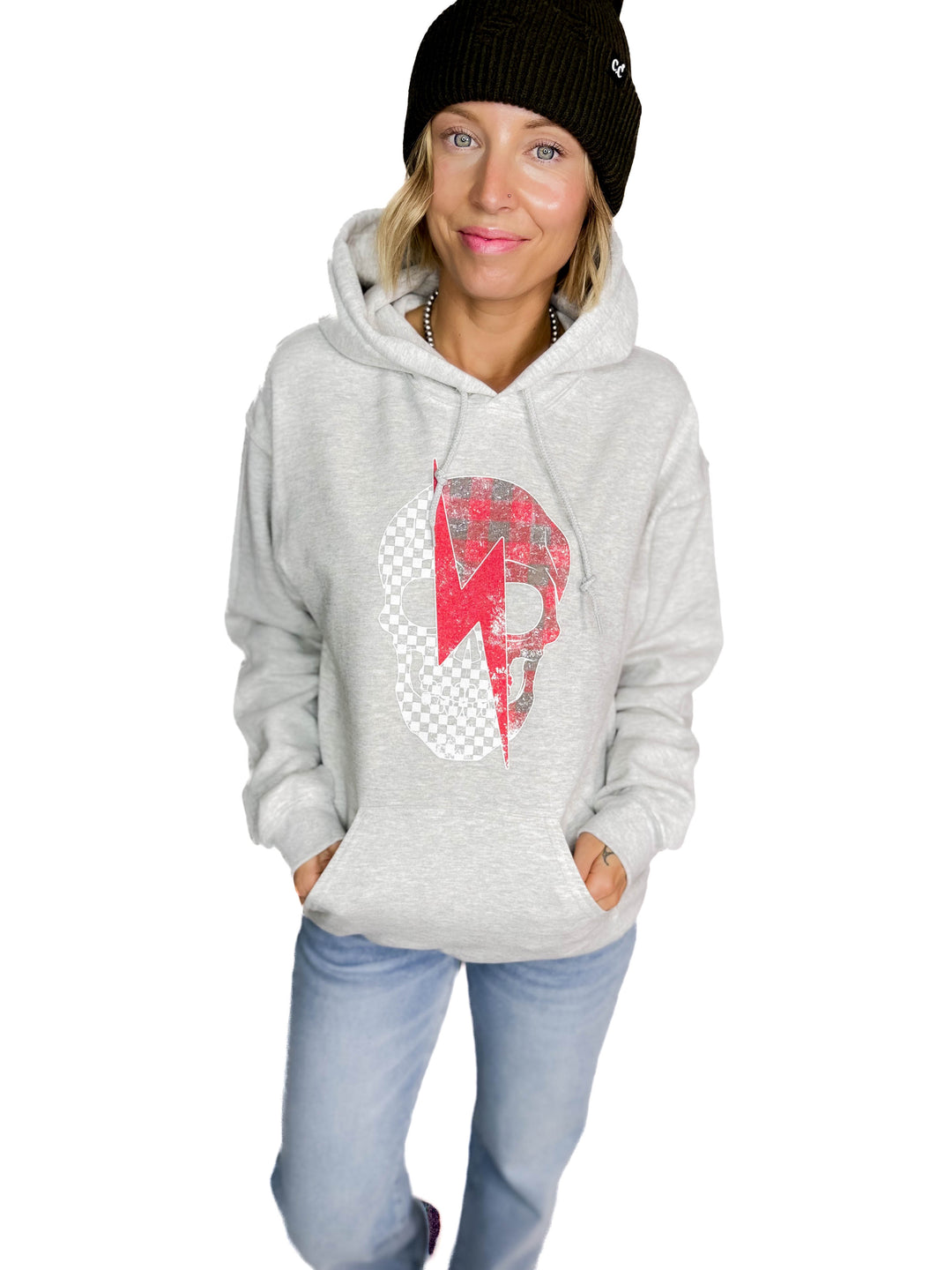 Plaid Skull Graphic Hoodie- ASH GREY