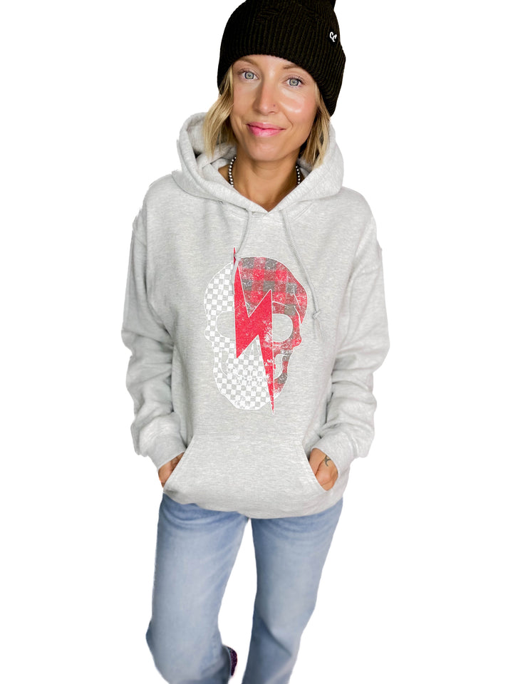 Plaid Skull Graphic Hoodie- ASH GREY