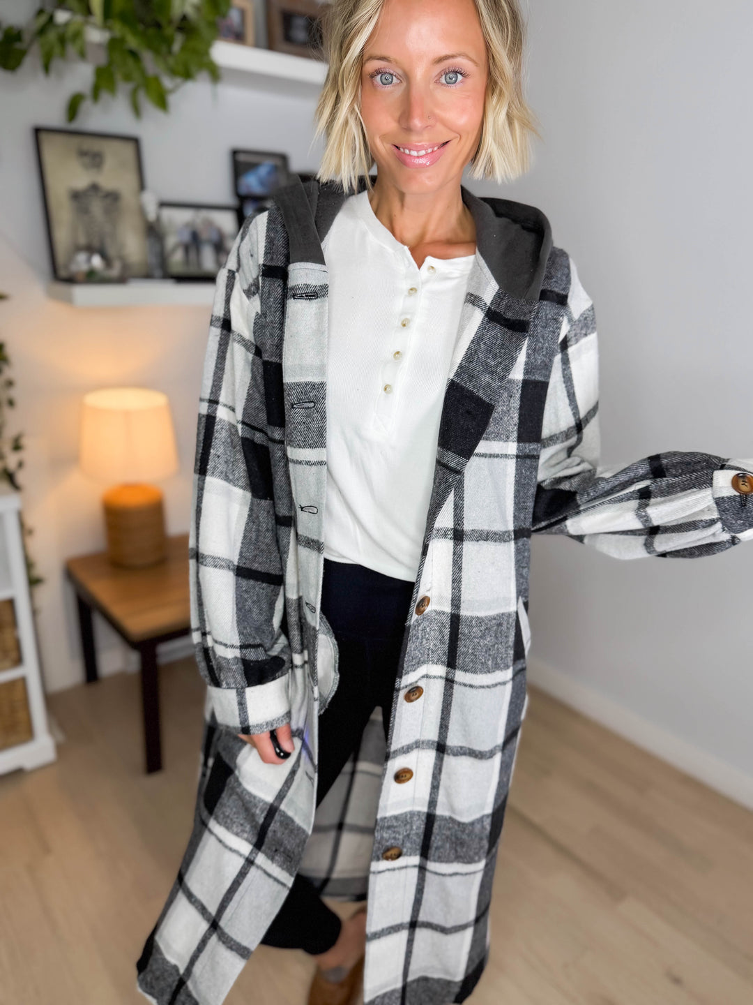 Pinewood Long Line Hooded Plaid Shacket- BLACK
