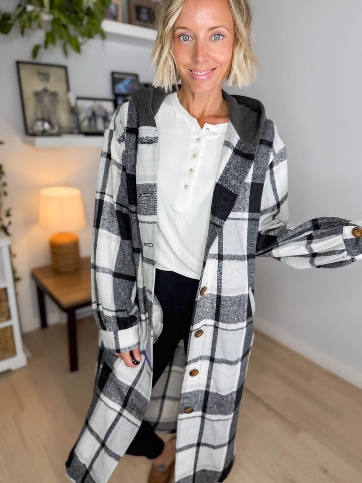 Pinewood Long Line Hooded Plaid Shacket- BLACK