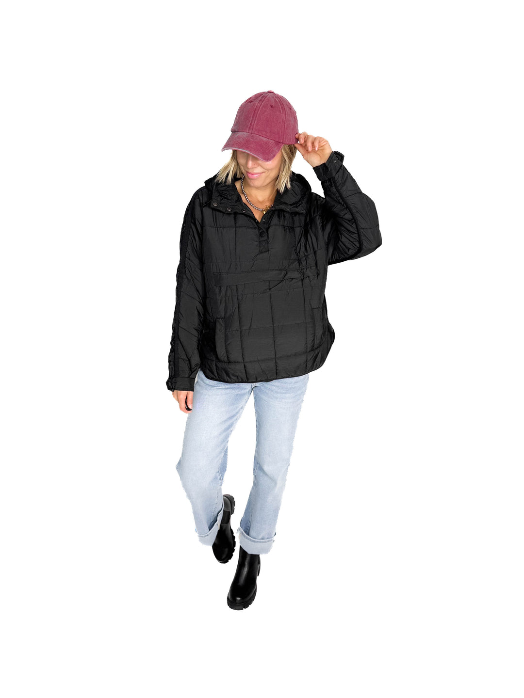 Ember Quilted Puffer Hooded Pullover- BLACK
