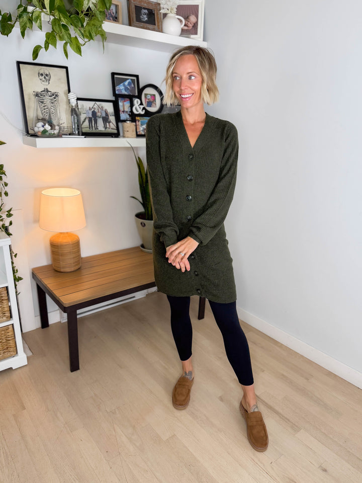 VERO MODA Karla V-neck Button Long Line Cardigan- FOREST NIGHT