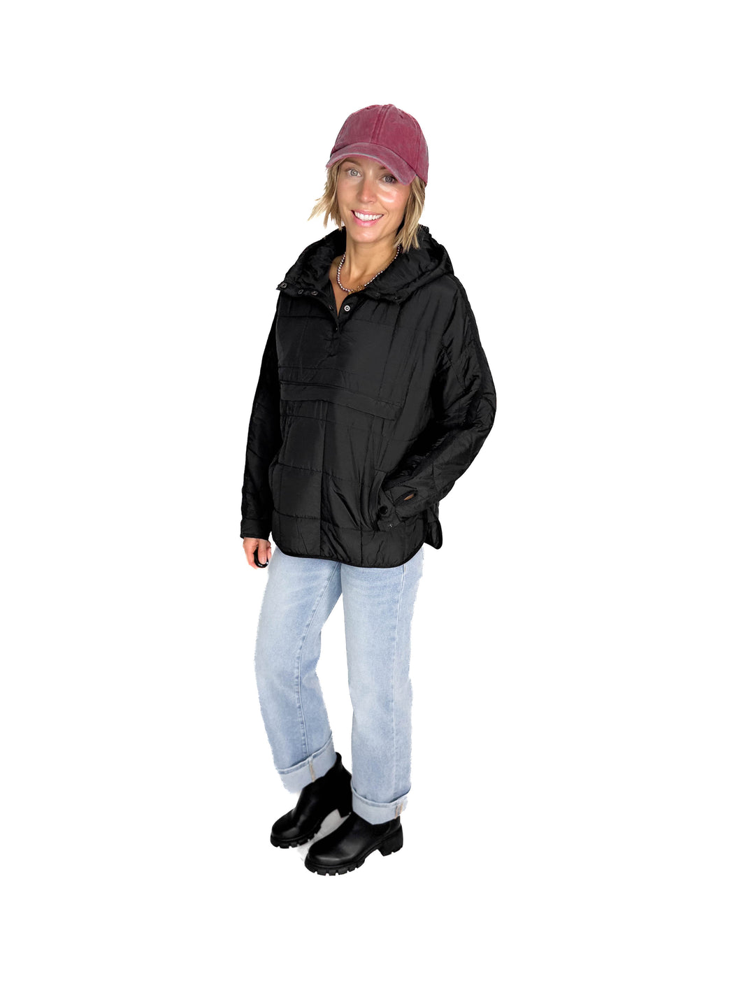 Ember Quilted Puffer Hooded Pullover- BLACK