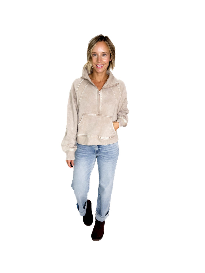 Cozy Hour Mock Neck 1/2 Zip- ASH MOCHA
