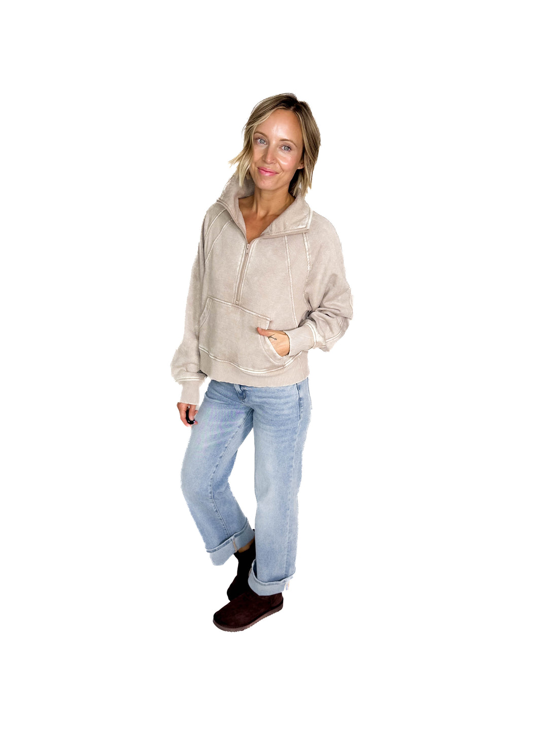 Cozy Hour Mock Neck 1/2 Zip- ASH MOCHA