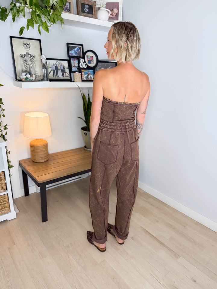 Pepper Strapless Washed Barrel Jumpsuit- MOCHA