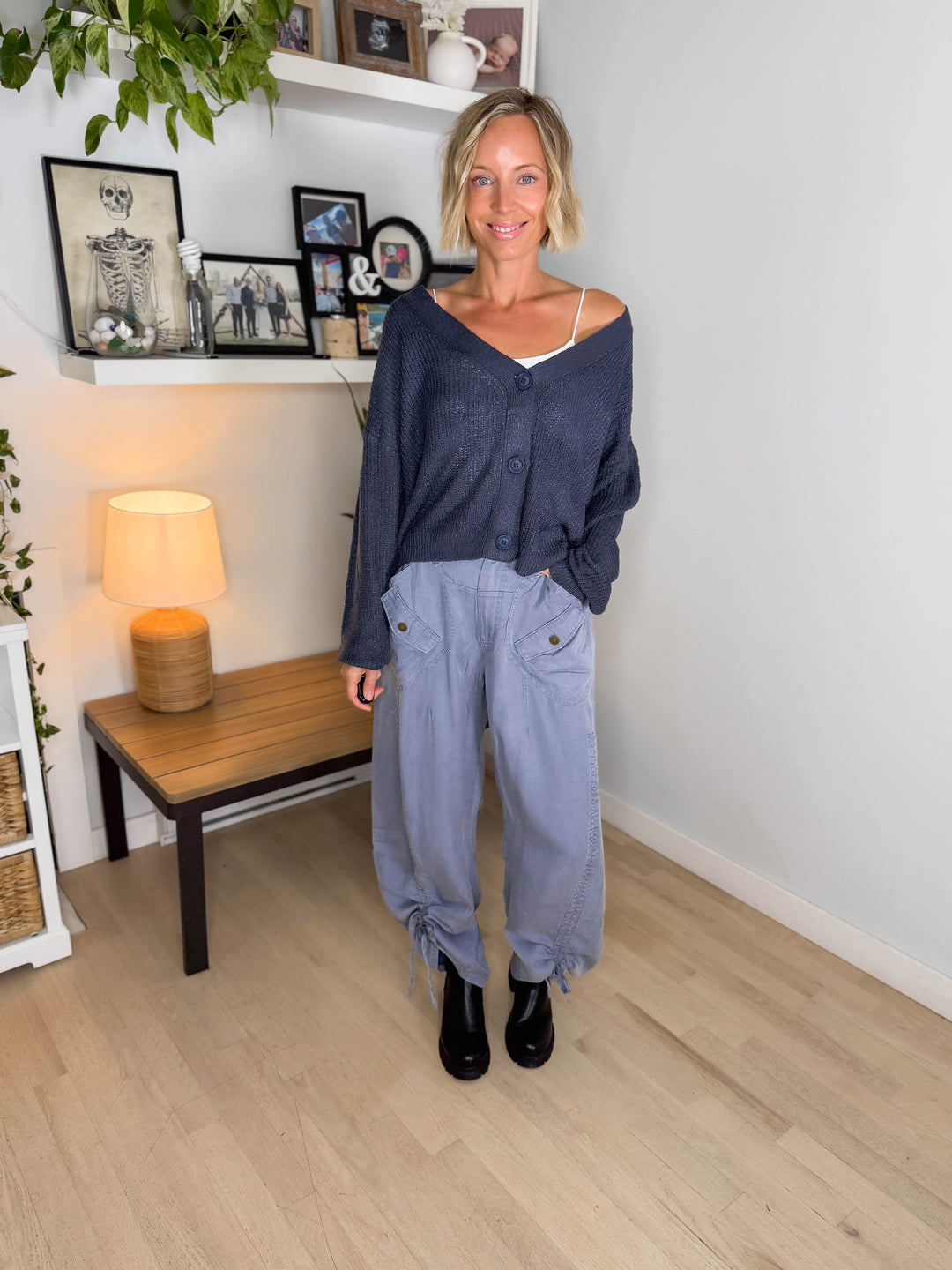 Bronte Button Down Cropped Cardigan- GREY/BLUE