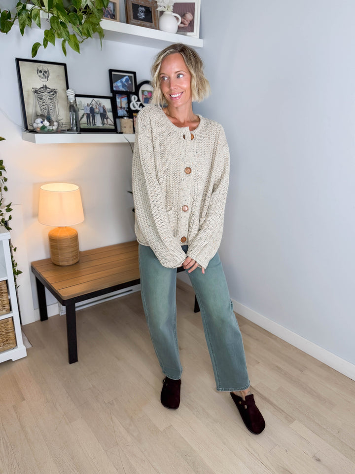 Brinks Marled Button Raw Edge Cardigan- LIGHT KHAKI