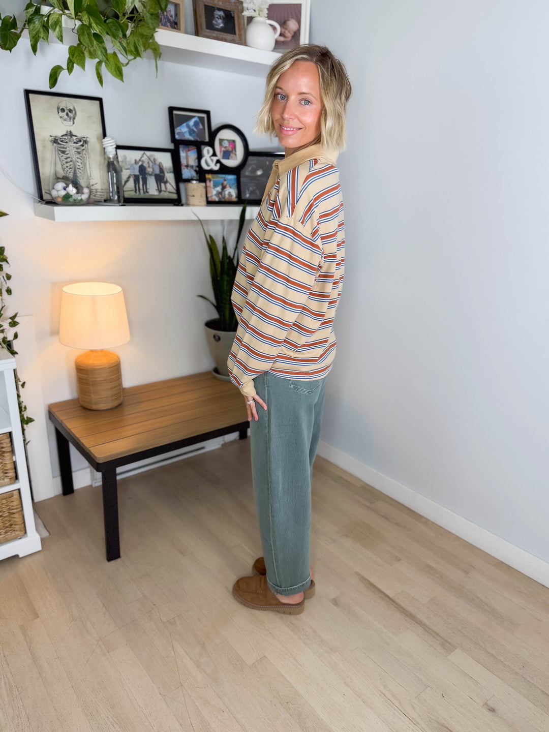 Crosby Polo Striped Long Sleeve- OATMEAL