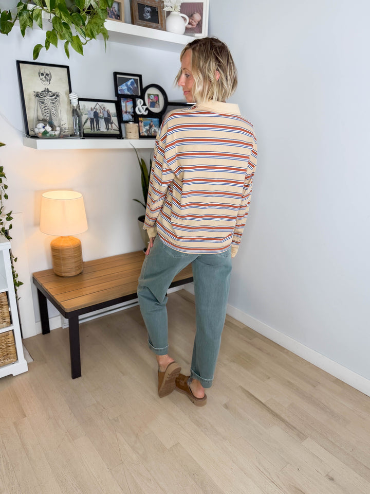 Crosby Polo Striped Long Sleeve- OATMEAL