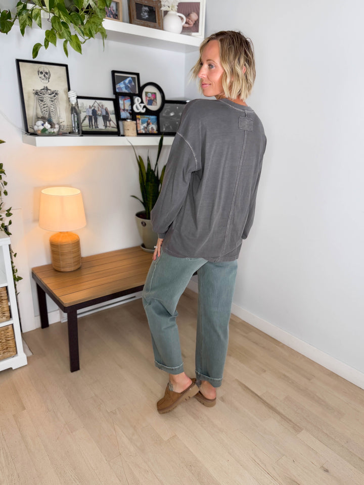 Landyn Washed Cotton Crewneck Long Sleeve- CHARCOAL
