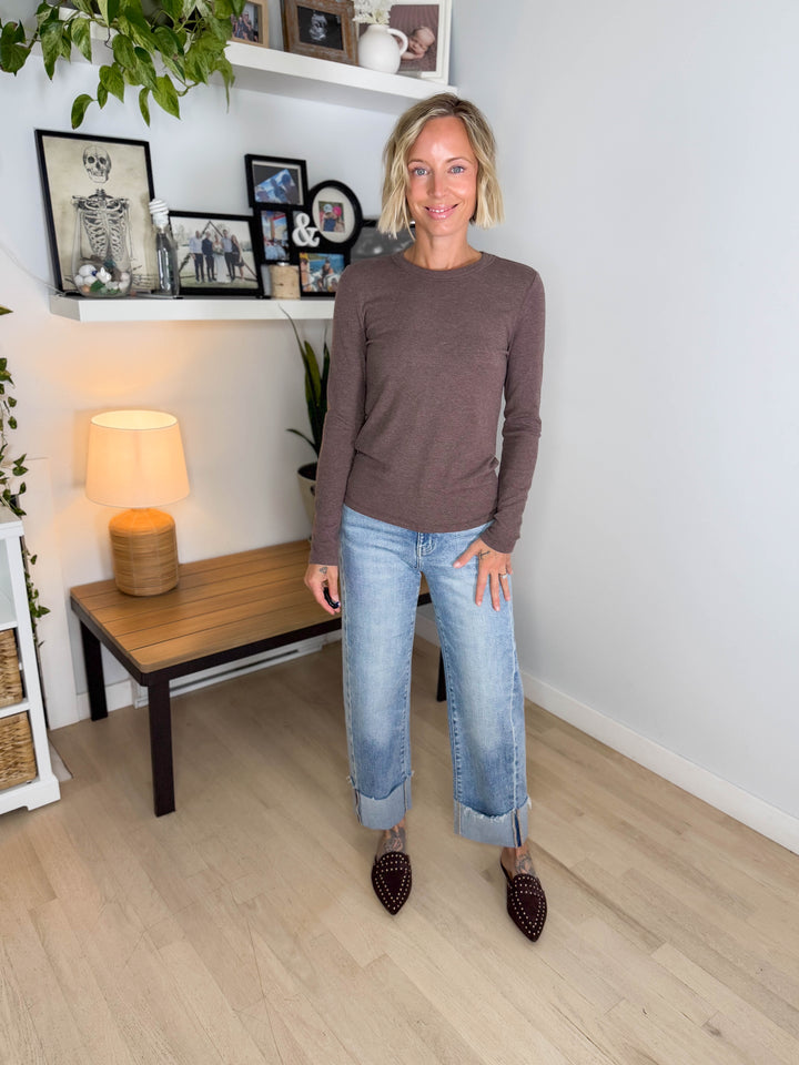 Tansy Basic Crewneck Longsleeve Knit Top- WALNUT
