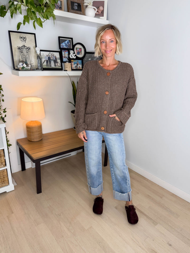 Brinks Marled Button Raw Edge Cardigan- DEEP TAUPE