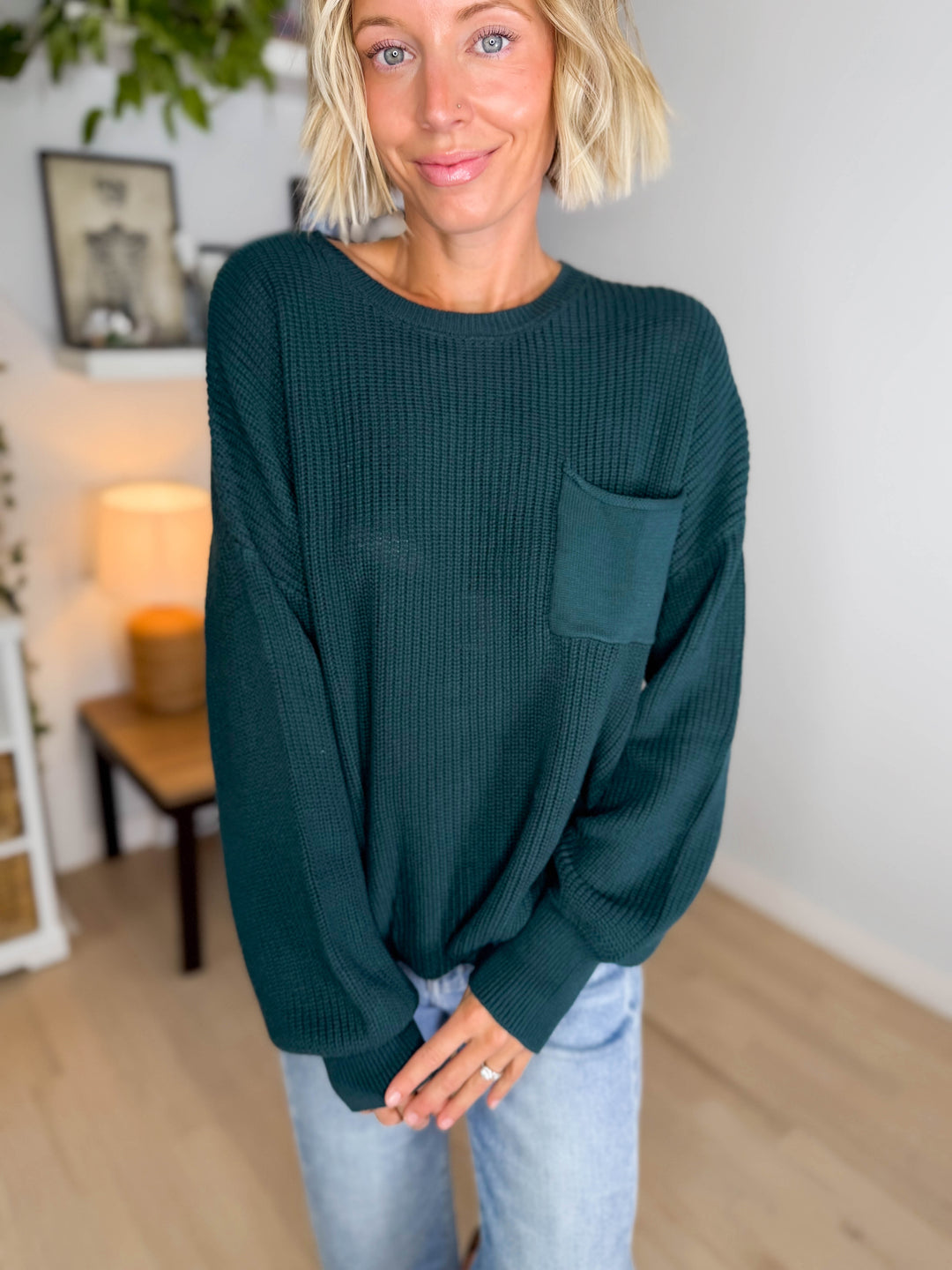 Sunday Raw Edge Pocket Sweater- HUNTER