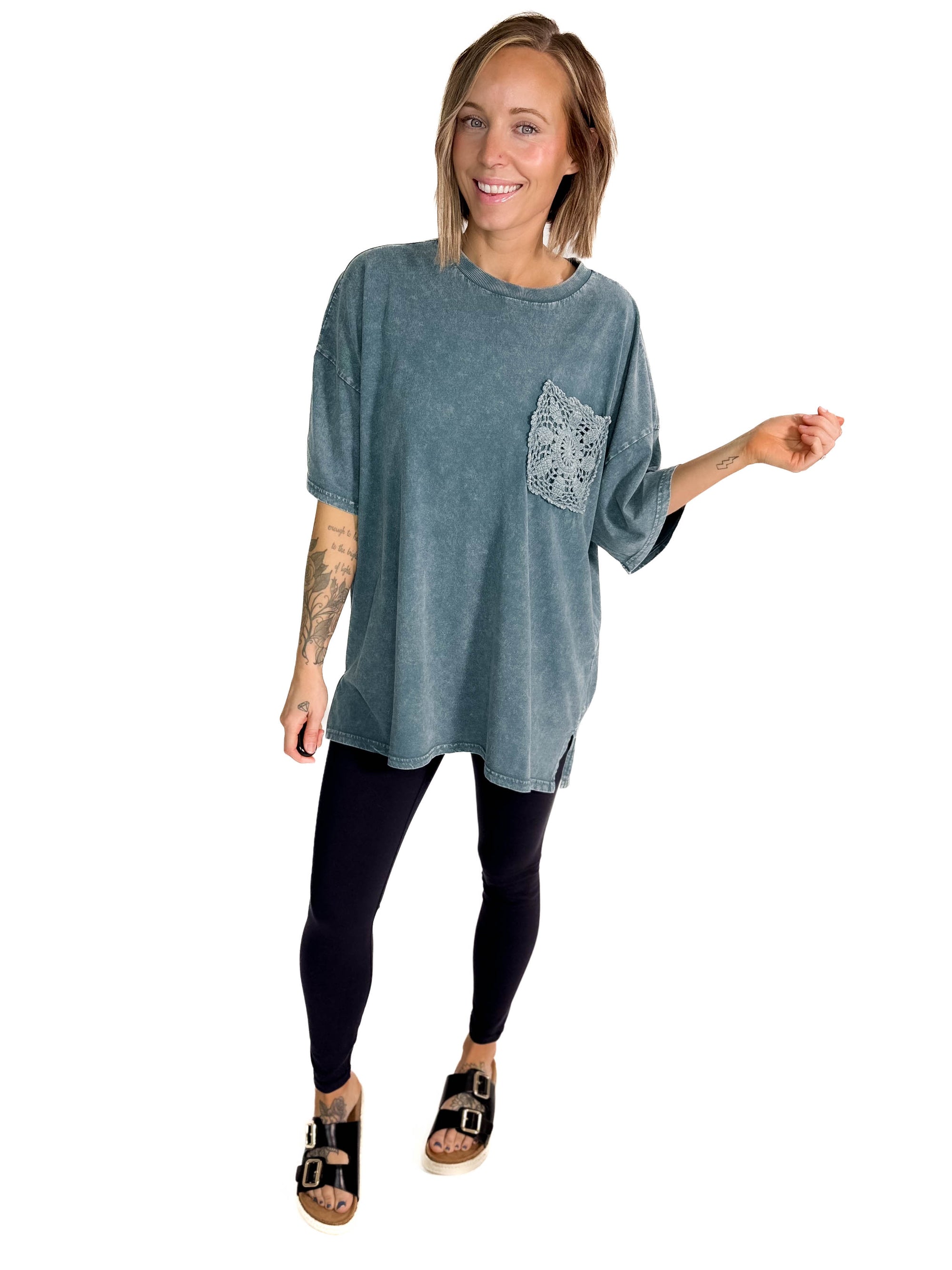 Khloe Mineral Wash Tunic Top- FADED TEAL