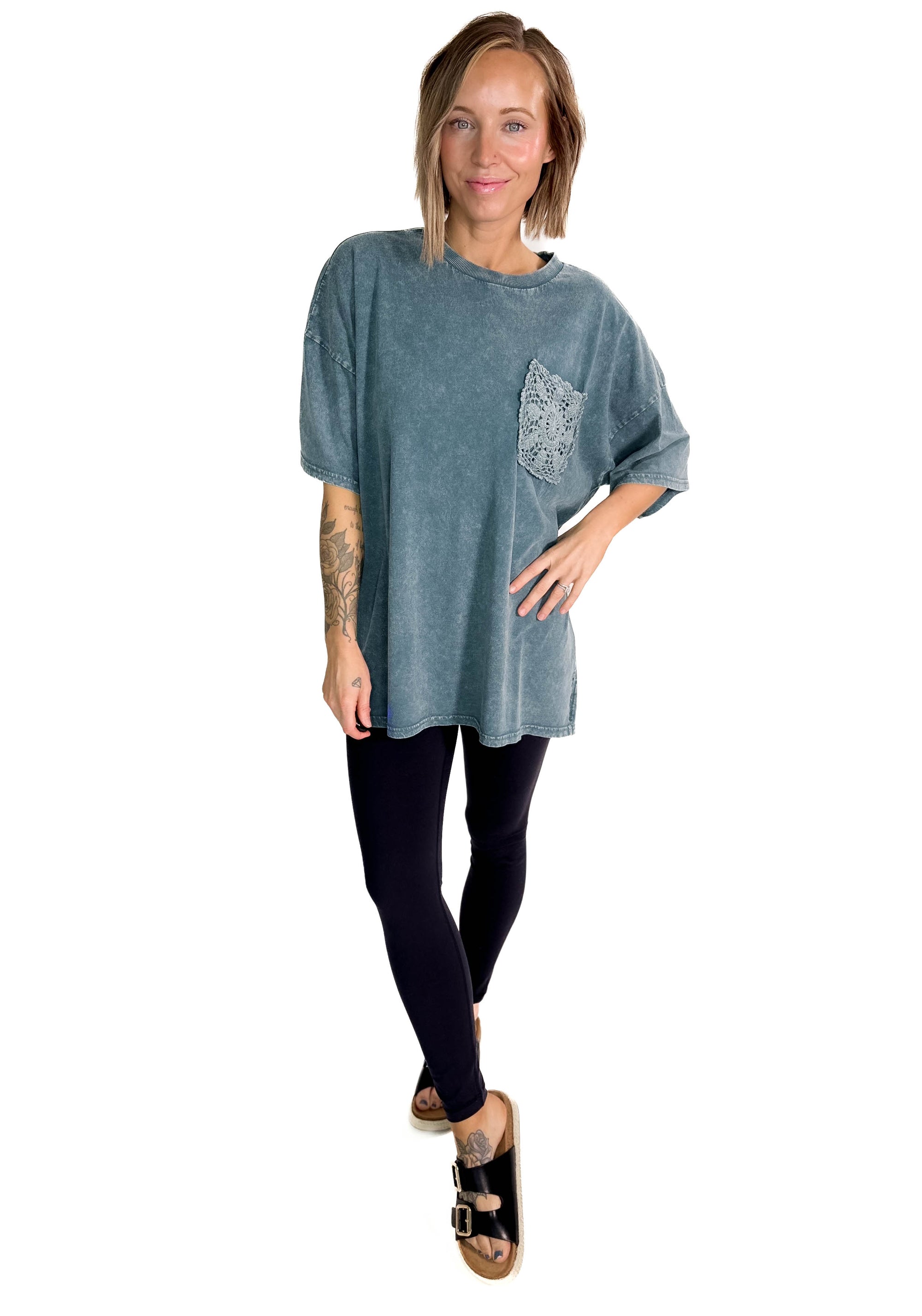 Khloe Mineral Wash Tunic Top- FADED TEAL
