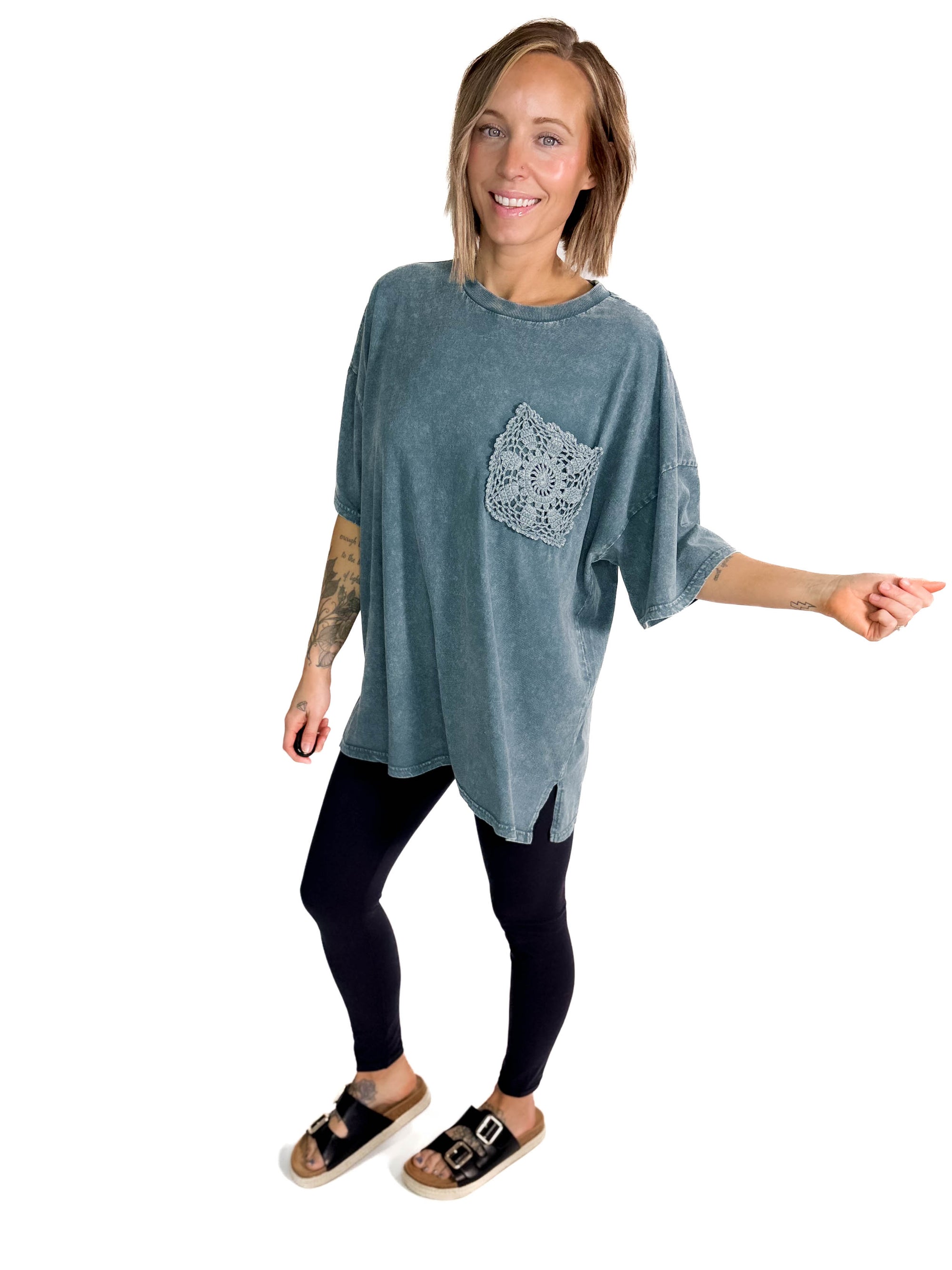 Khloe Mineral Wash Tunic Top- FADED TEAL