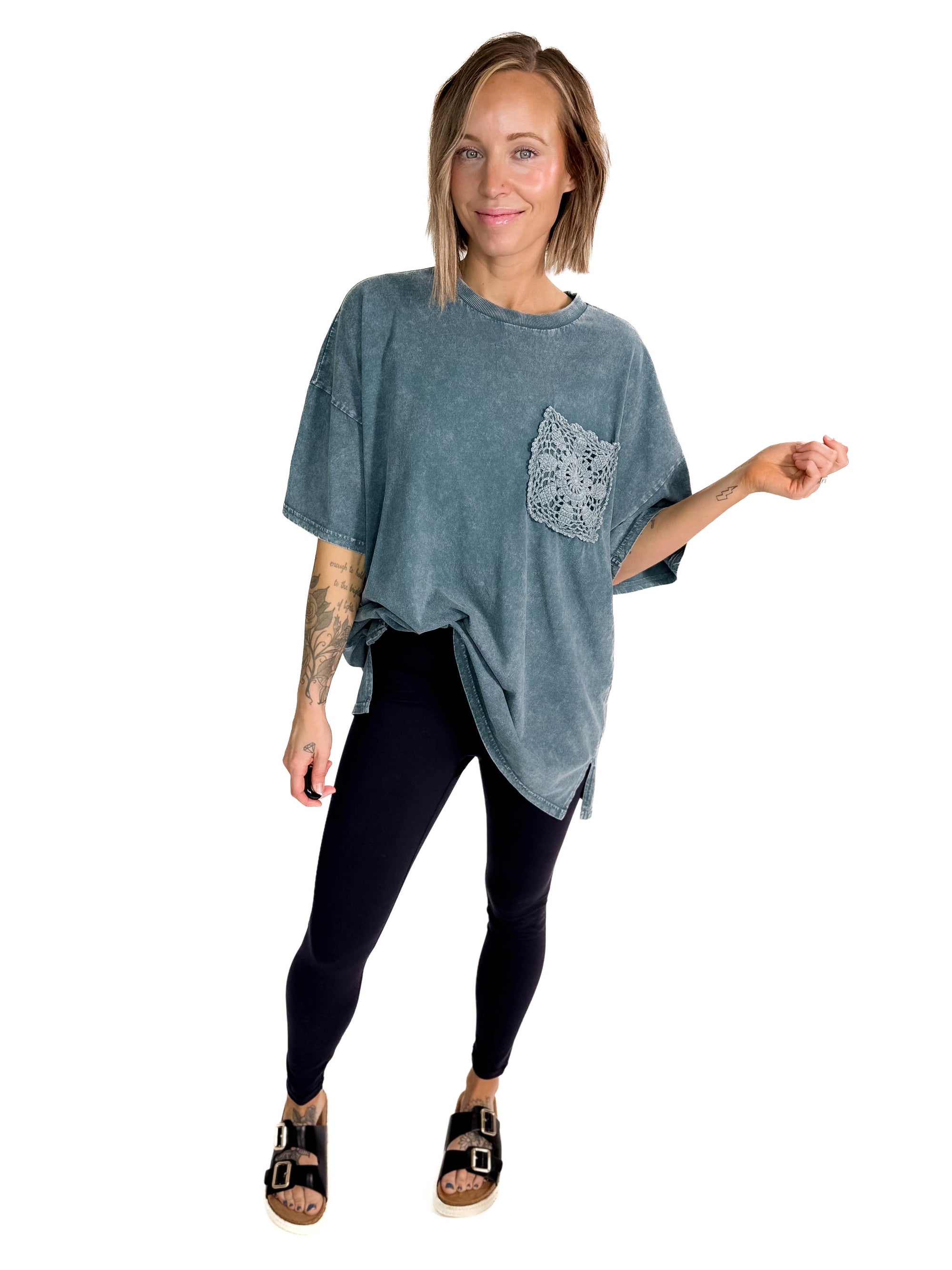 Khloe Mineral Wash Tunic Top- FADED TEAL