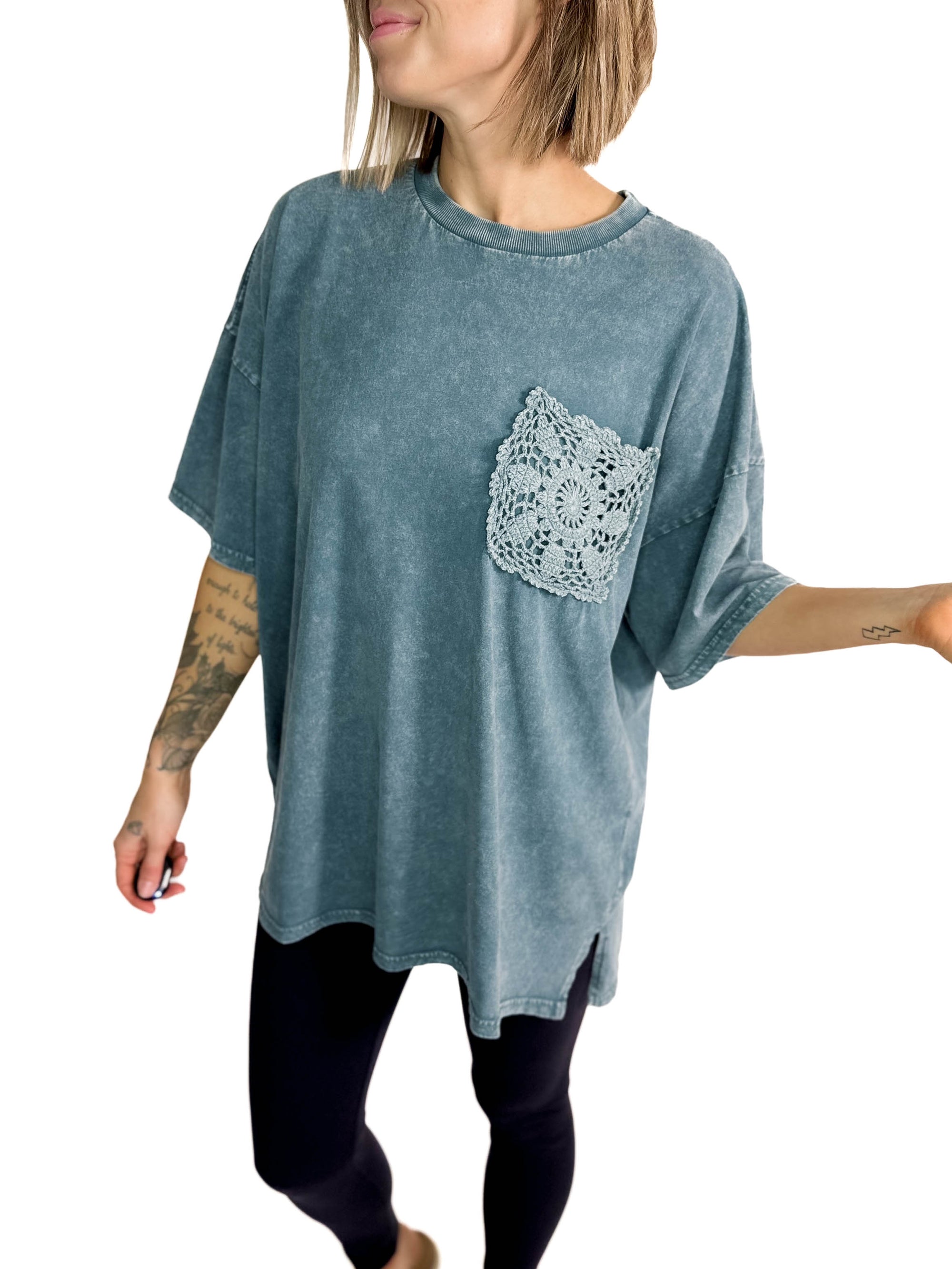 Khloe Mineral Wash Tunic Top- FADED TEAL