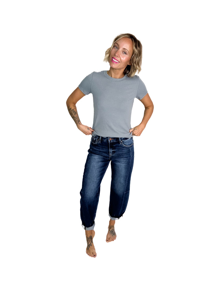 Beth Ribbed Short Sleeve- PEBBLE