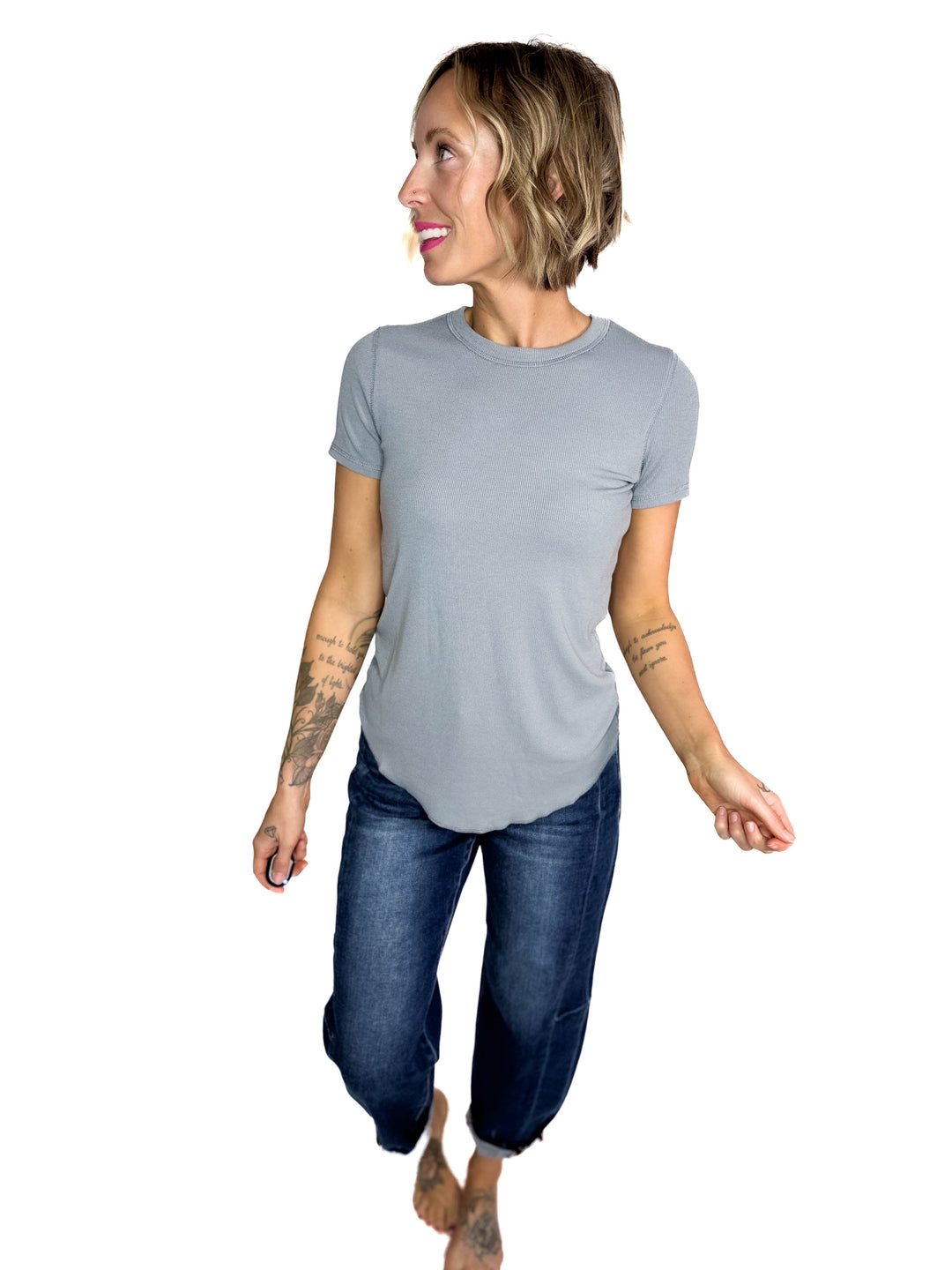 Beth Ribbed Short Sleeve- PEBBLE