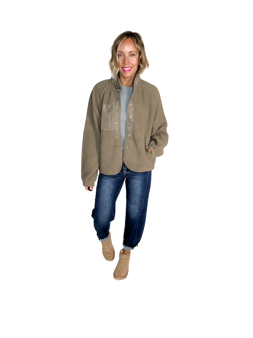 Jayde Fleece Button Up Jacket With Accent Pocket- SOFT OLIVE
