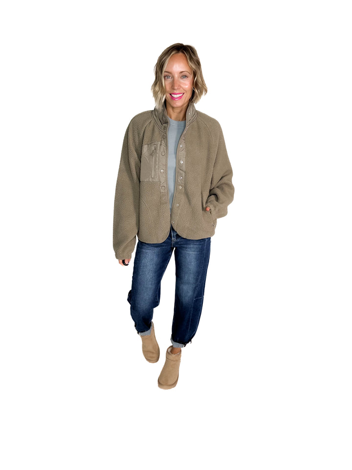 Jayde Fleece Button Up Jacket With Accent Pocket- SOFT OLIVE